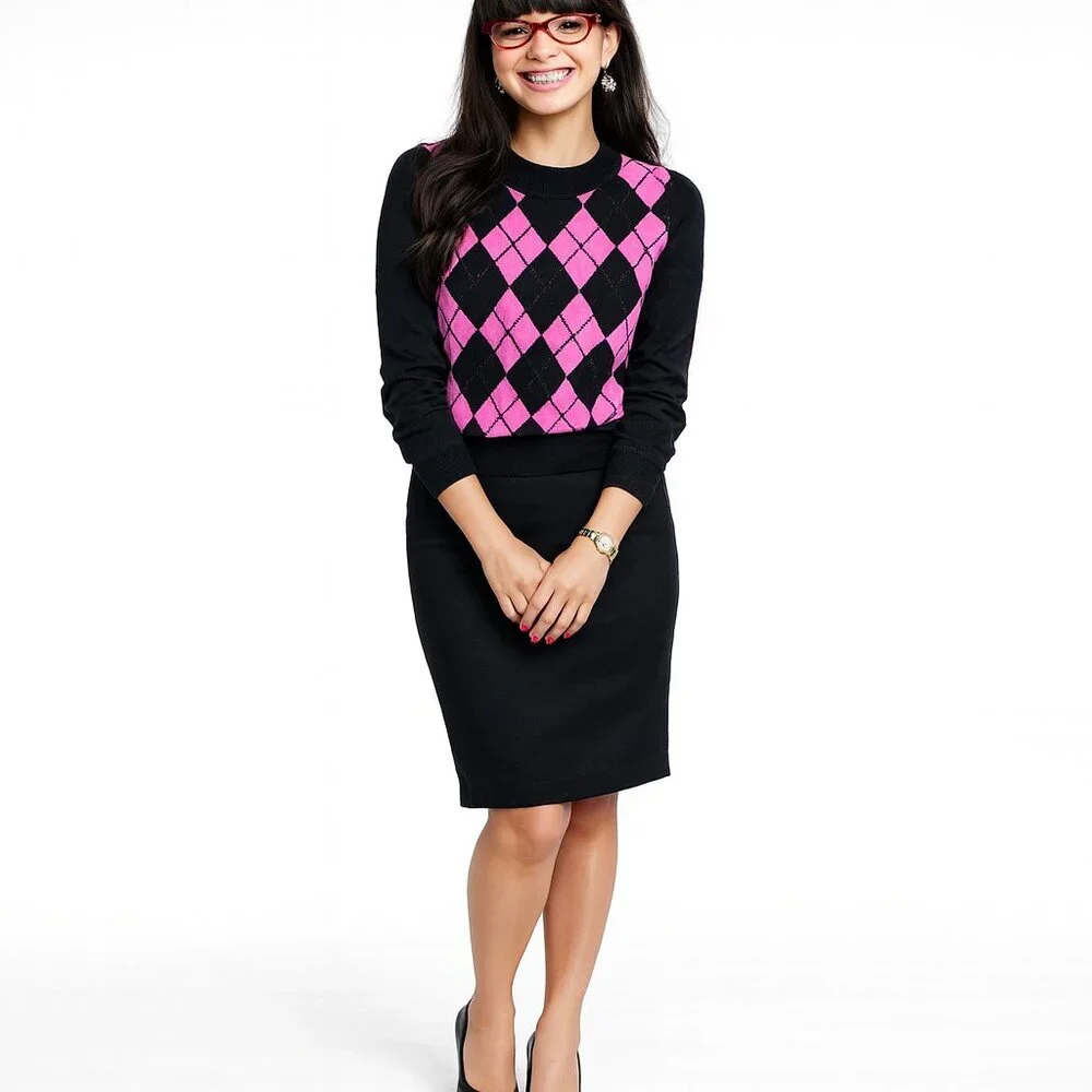 2/$30 Elliott Lauren Argyle Print Pullover Sweater Black Hot Pink XS #1555